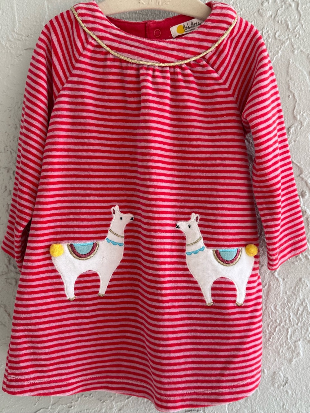 EUC Baby Boden CUTEST Pink & Red Striped Llama Dress 12-18 months